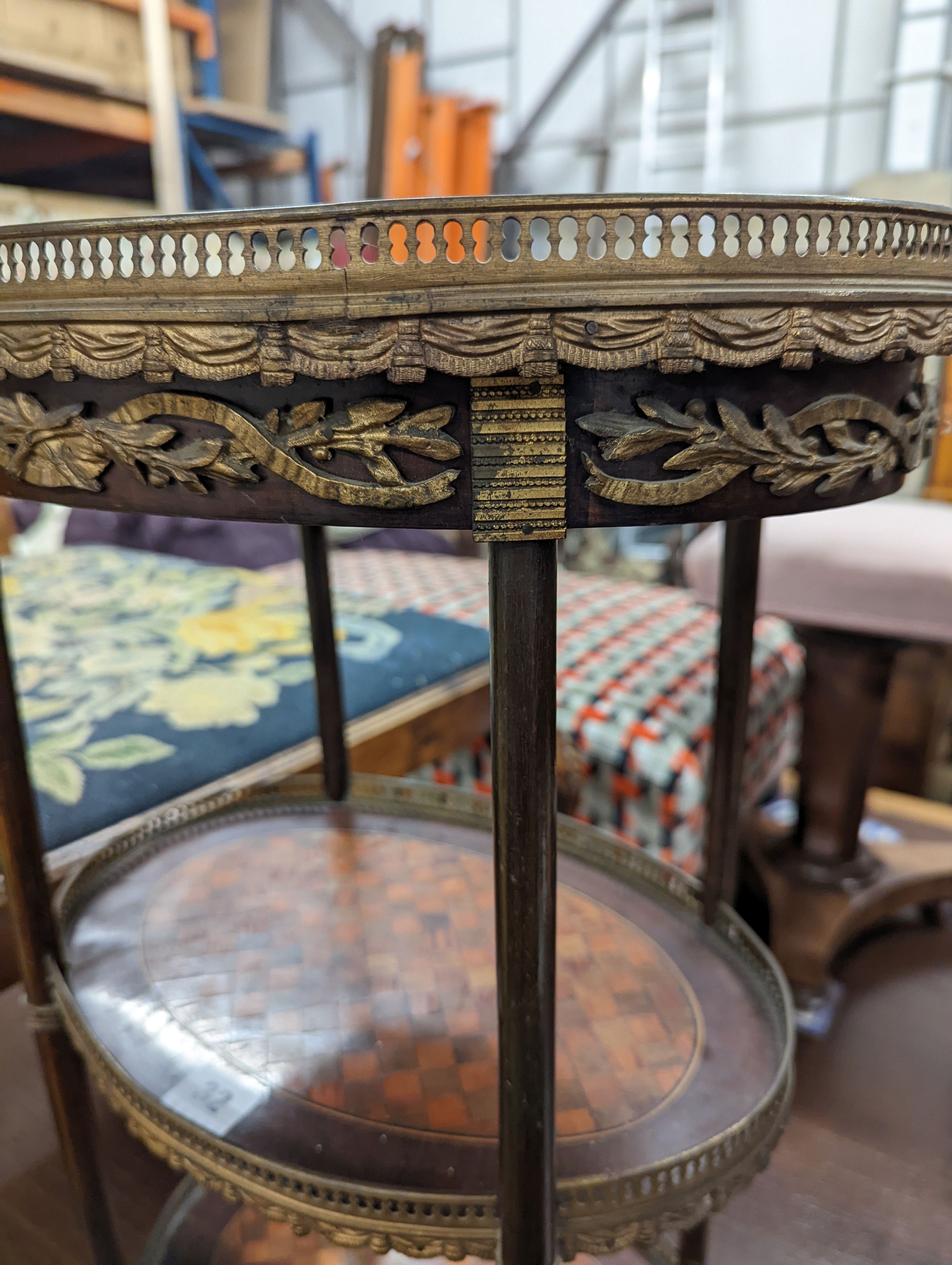 A 19th century French parquetry inlaid gilt metal mounted three tier etagere, width 40cm, depth 30cm, height 72cm